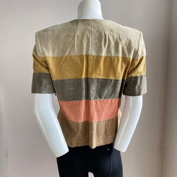 Vintage Earth Tones Colourblock Suede Button Down Cropped Short Sleeve Jacket S - Picture 6 of 7